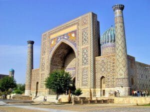 The Sher-Dor Madrasah on Registan Square, built between 1619 and 1636.