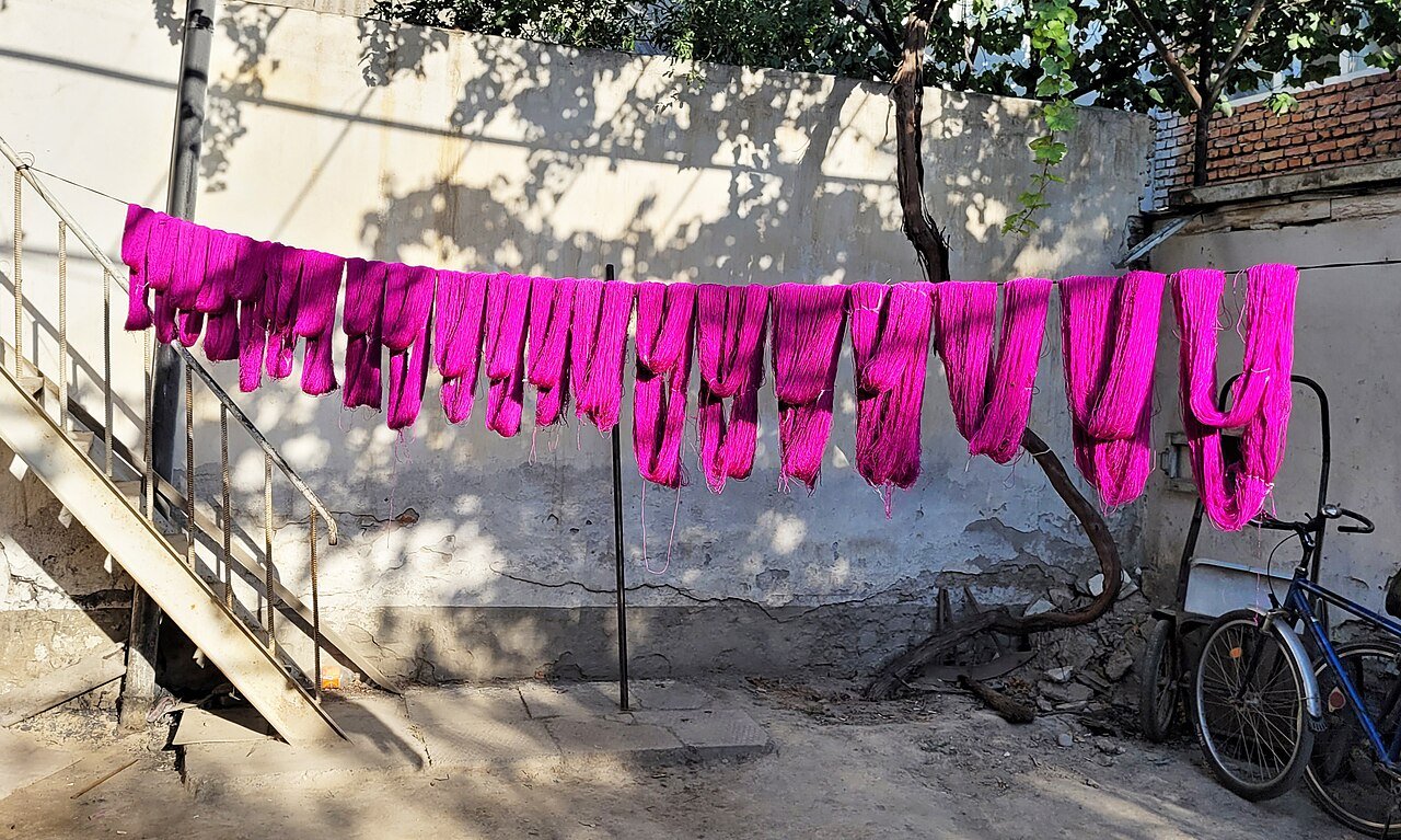 Dyed silk drying at a workshop in Margilan.