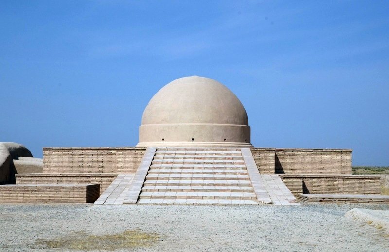 The modern protective structure over the stupa at Fayaztepa near Termez.