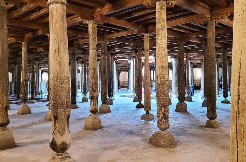 Carved wooden columns inside Khiva’s Juma Mosque.