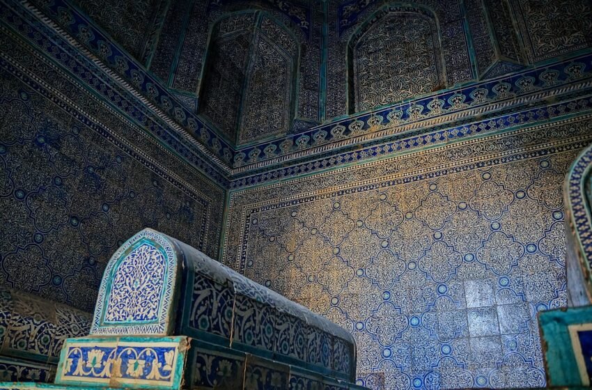 Blue tilework inside Pahlavan Mahmud Mausoleum in Khiva