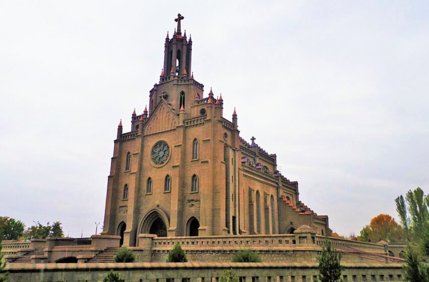 Brick facade of the Sacred Heart Cathedral in Tashkent
