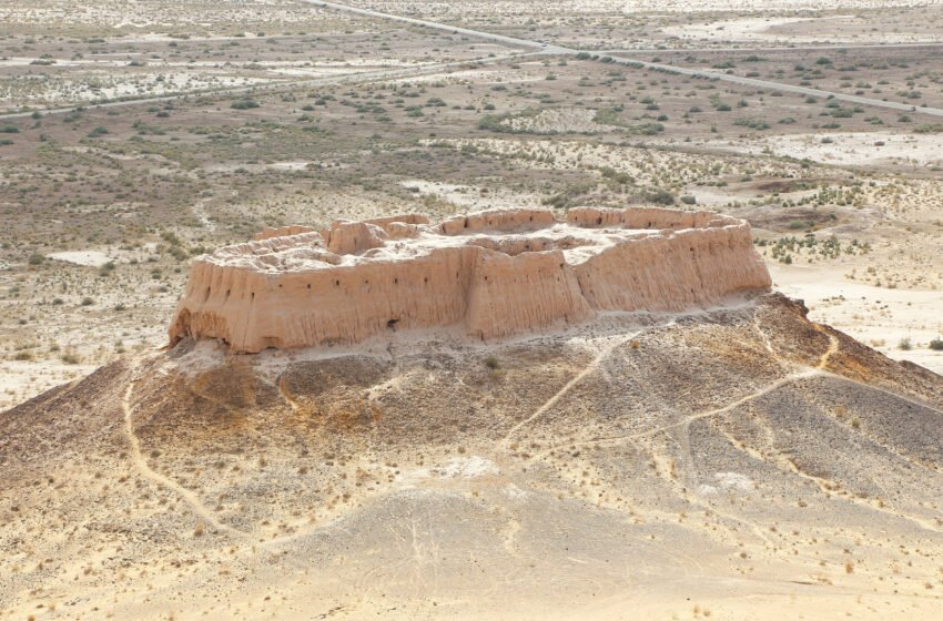 Ayaz-Kala II fortress on a hill in the desert of Karakalpakstan